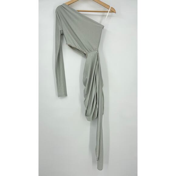 Khanum's | NWT One Shoulder Sash Mini Dress in Silver Party Rhinestone Trim XS - Picture 4 of 16